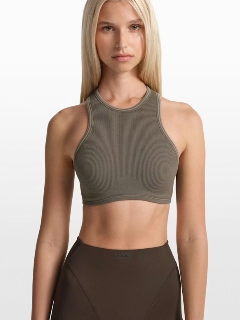 SKIMS Nike New Ribbed Racer Front Sports Bra Dusty Oakmoss Brown L